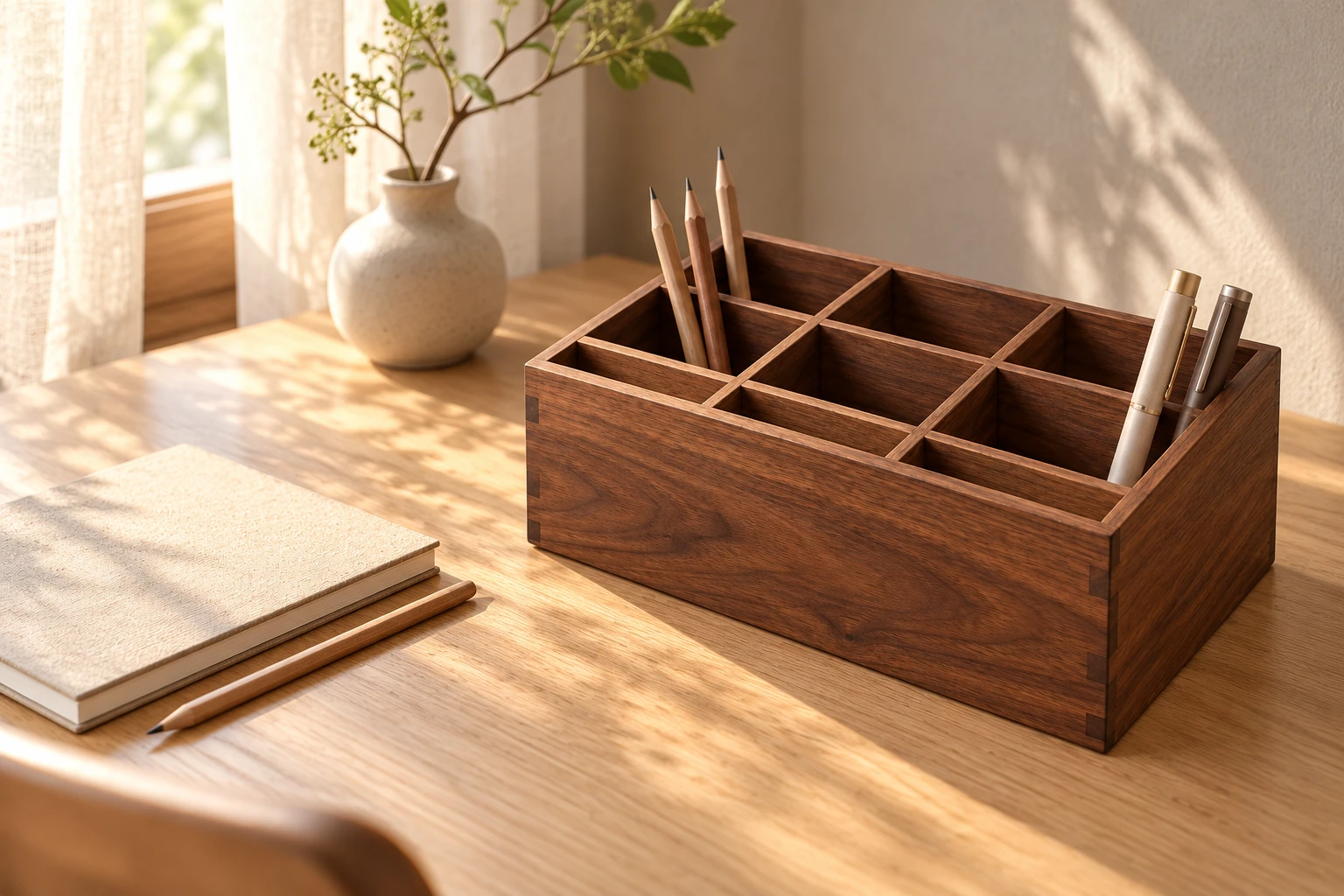 Warm wood and quiet desk essentials